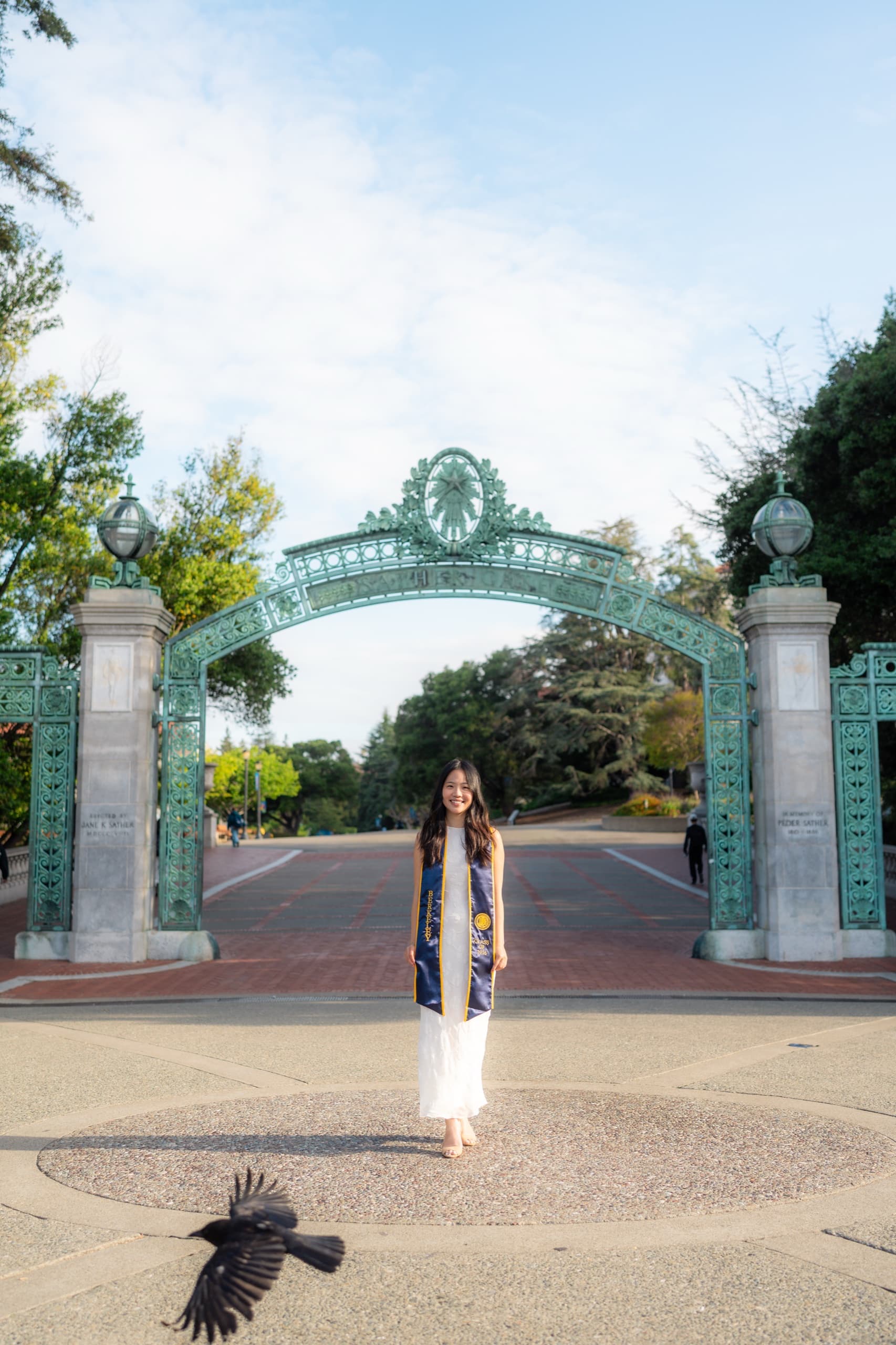A graduate in a long white dress and a navy Berkeley stole stands centered beneath the green arch of Sather Gate on the UC Berkeley campus, smiling at the camera in late afternoon light, while a crow flies through the lower edge of the frame.