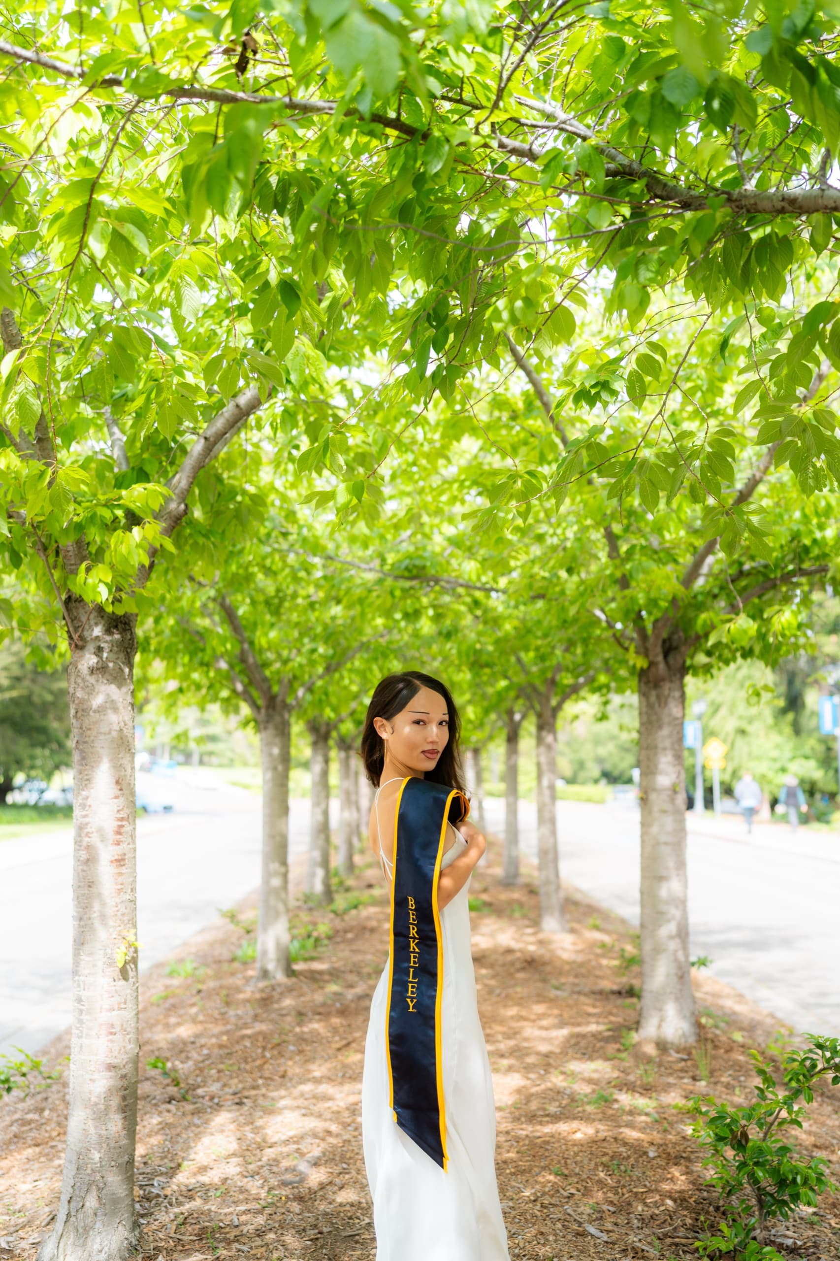 A graduate in a white slip dress with a navy Berkeley stole stands on a mulched path between two rows of young leafy trees and looks back over her shoulder toward the camera.
