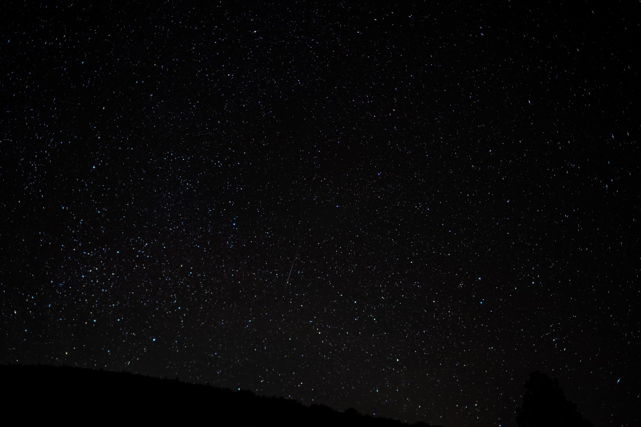 A faint meteor cuts through a dense field of stars over a dark ridge, a lone treetop silhouetted at the edge of the frame.