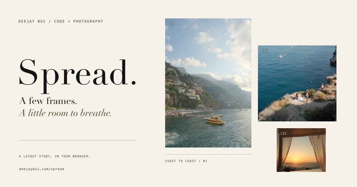 Spread cover with coastal photographs arranged on cream paper